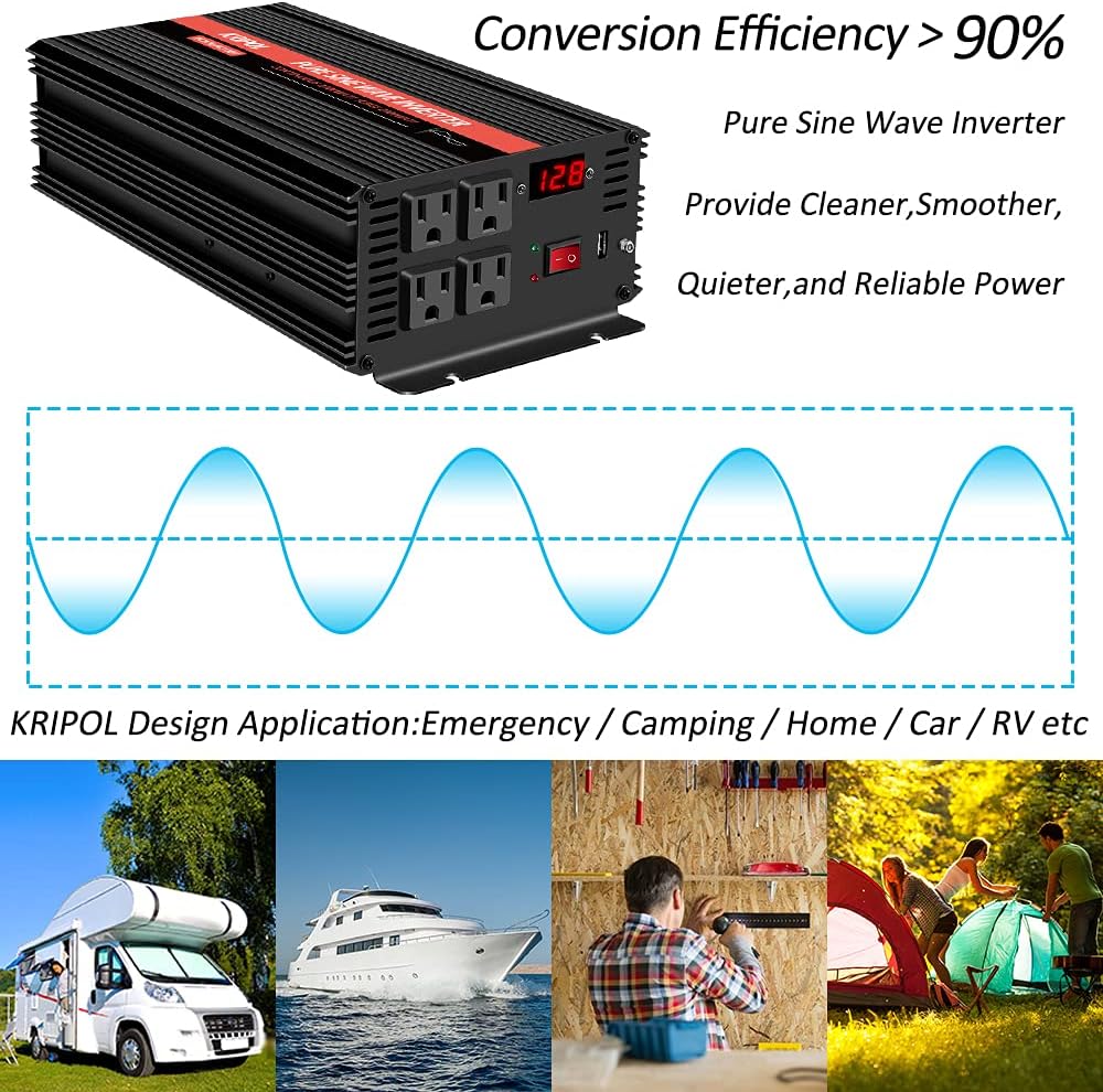 1000 Watt Pure Sine Wave Inverter 12v DC to 110/120v AC J2105