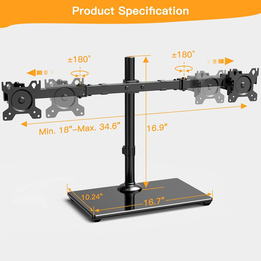 Dual Monitor Stand with Glass Base, Height Adjustable Two Arm Monitor Mount, Heavy Duty, Pack of 2 Q96151