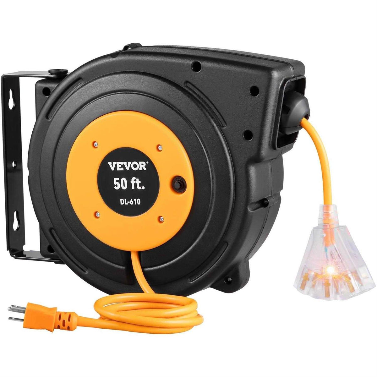 50 ft Heavy Duty 14AWG/3C SJTOW Retractable Extension Cord Reel with Lighted Triple Tap Outlet L446