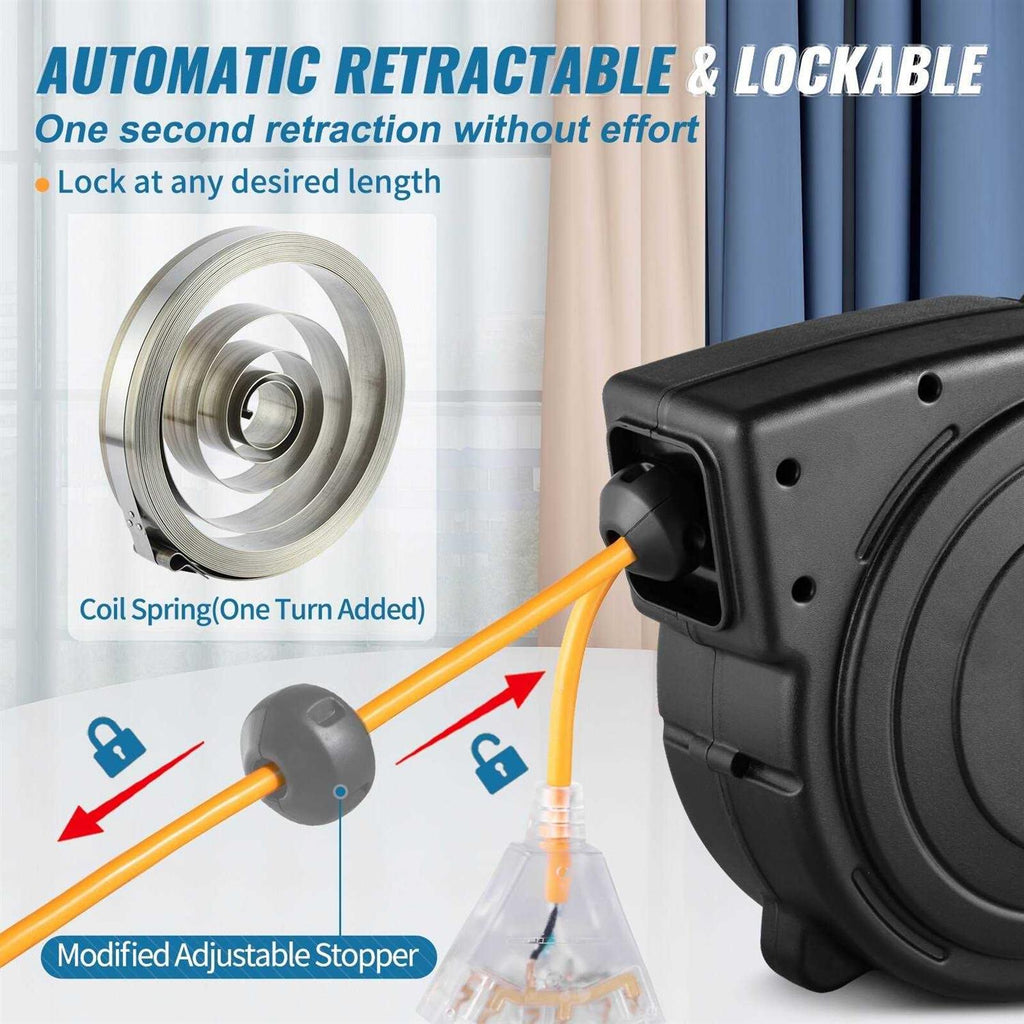 50 ft Heavy Duty 14AWG/3C SJTOW Retractable Extension Cord Reel with Lighted Triple Tap Outlet L446