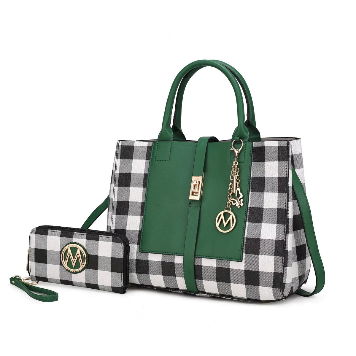 Vegan Leather Checkered Satchel Bag with Wallet 2 Piece Set K146919