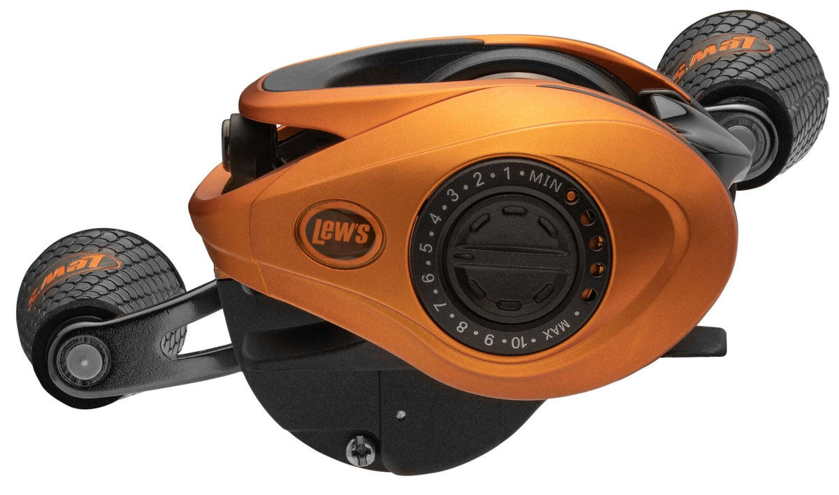 Orange Baitcast Fishing Reel, Right-Hand Retrieve, 7.5:1 Gear Ratio, 10 Bearing System L6317