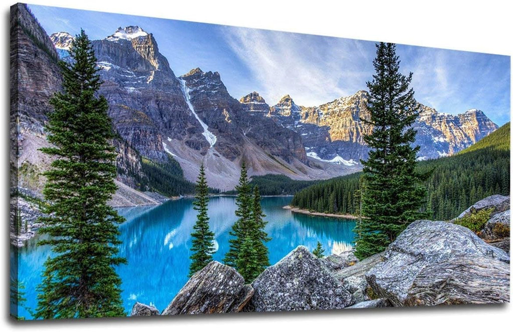Canvas Wall Art Mountain and Lake Nature Picture Paintings - Long Canvas Artwork Moraine Lake Panoramic Contemporary Art 20 x 40 P290