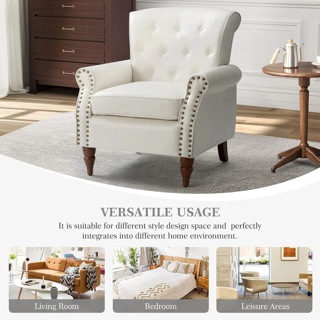 Ivory Faux Leather Accent Chair with Solid Wood Legs X716