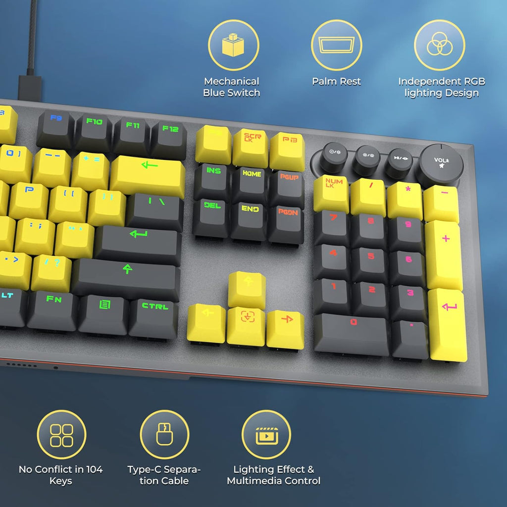 104 Keys Wired Mechanical Gaming Keyboard with Rainbow RGB Backlit Leather Wrist Rest N4596