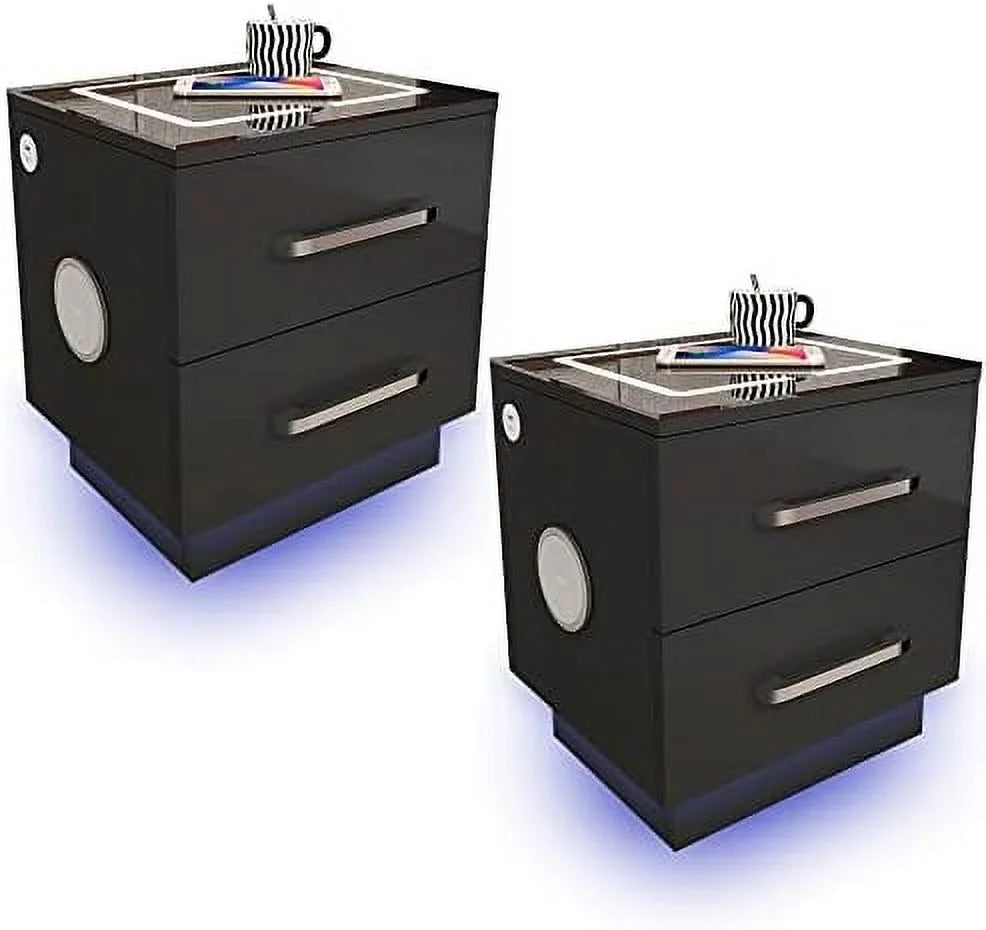 Black Nightstand with Drawers and Charging Station P522