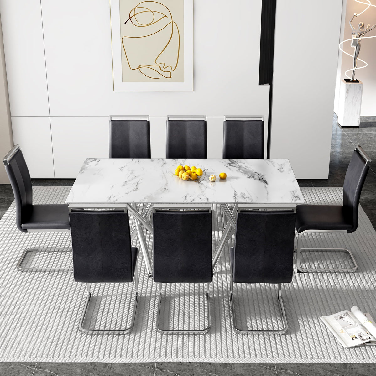 Rectangular Glass Dining Table for 6-8 People with Tempered Glass Top and Silver Metal Legs S1926