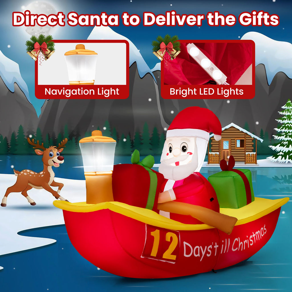 7 FT Christmas Inflatable Santa Claus Rowing Boat with Navigation Light S142208