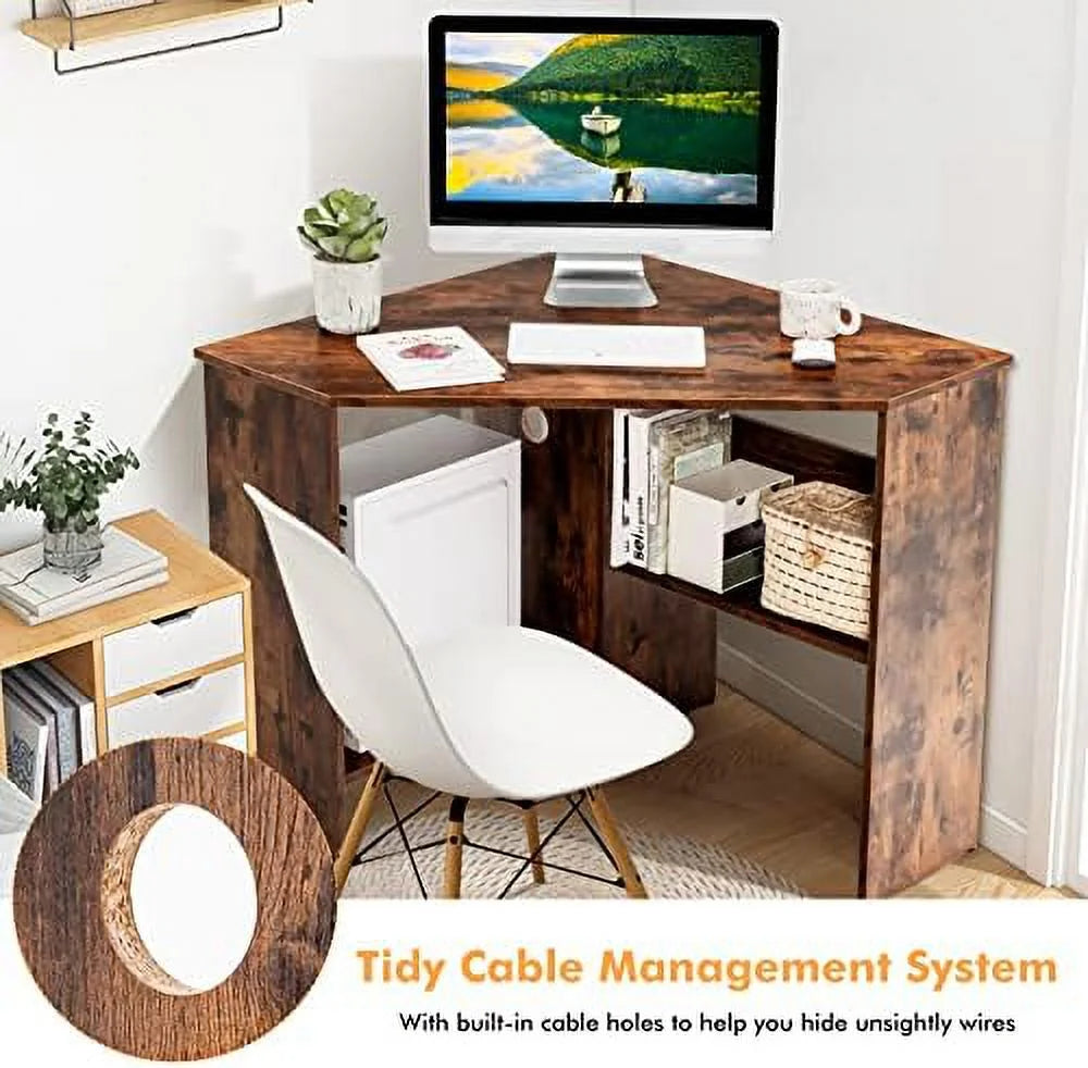 Corner Computer Desk Triangular Writing Desk with 2 Shelves W13936