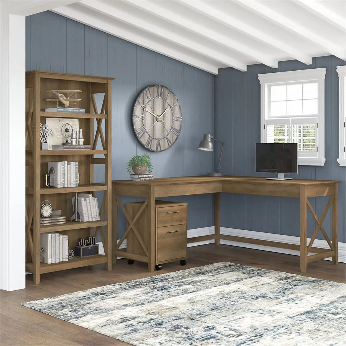 L Desk with Drawers and Bookcase Reclaimed Pine Engineered Wood W2431