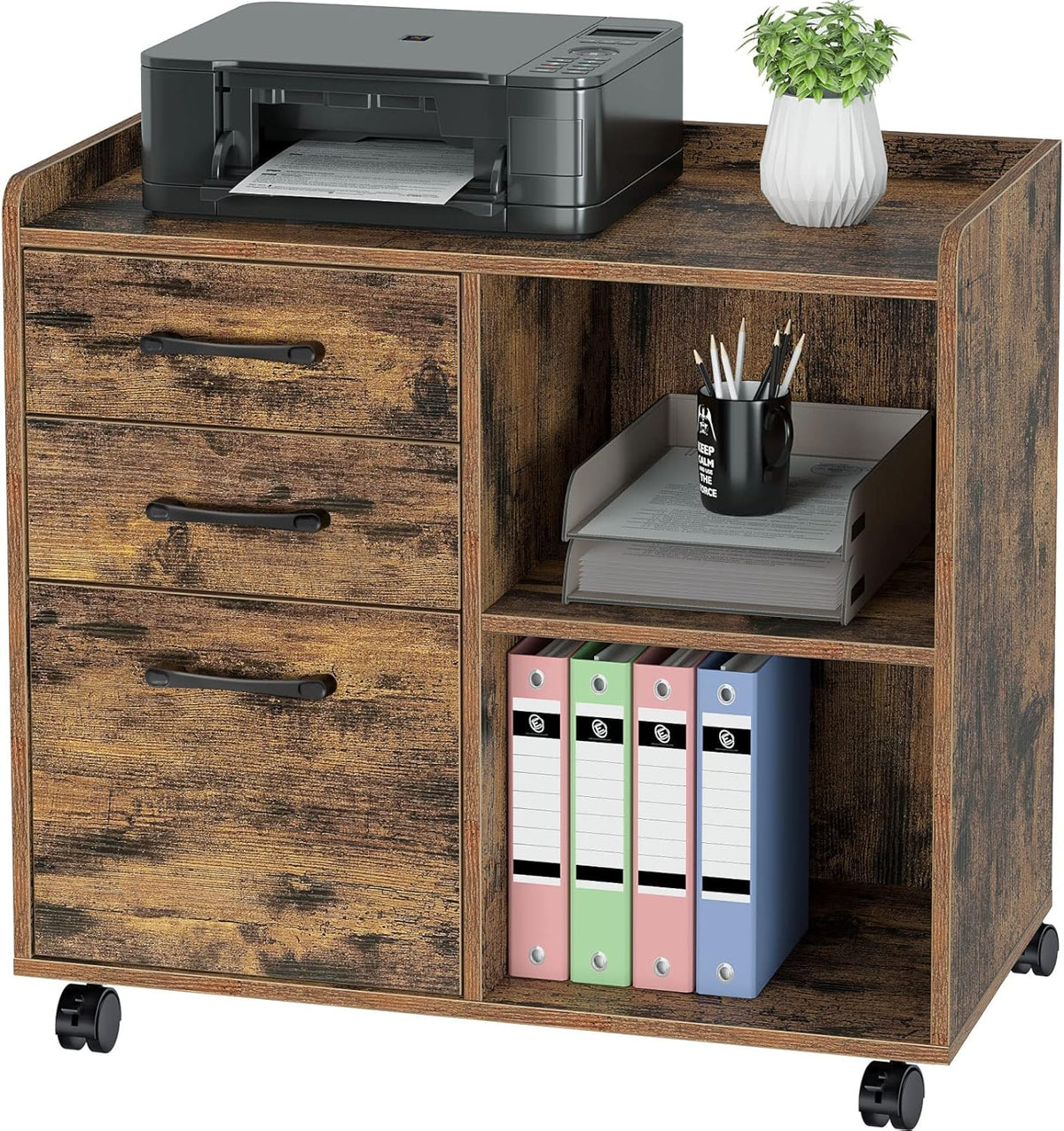 Black 3-Drawer Mobile Lateral File Cabinet with Open Storage Shelf and Wheels J150