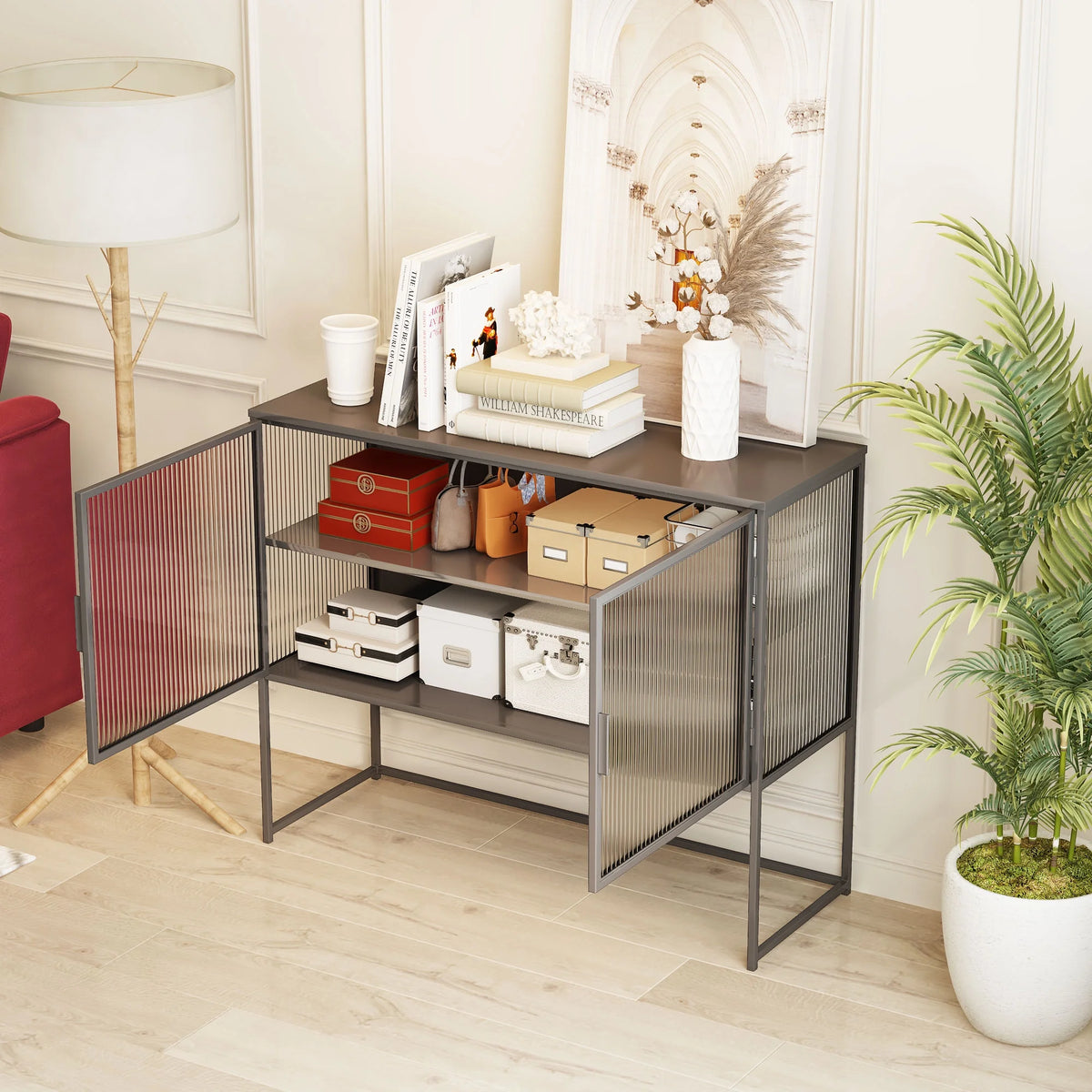 Gray Fluted Glass Sideboard Storage Cabinet Console Table O67401