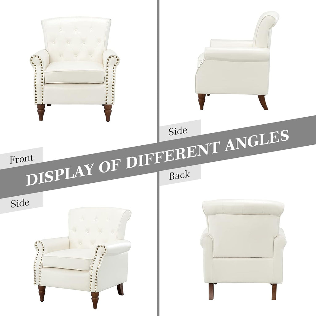 Ivory Faux Leather Accent Chair with Solid Wood Legs X716