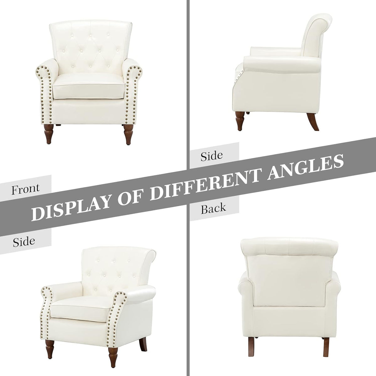 Ivory Faux Leather Accent Chair with Solid Wood Legs X716