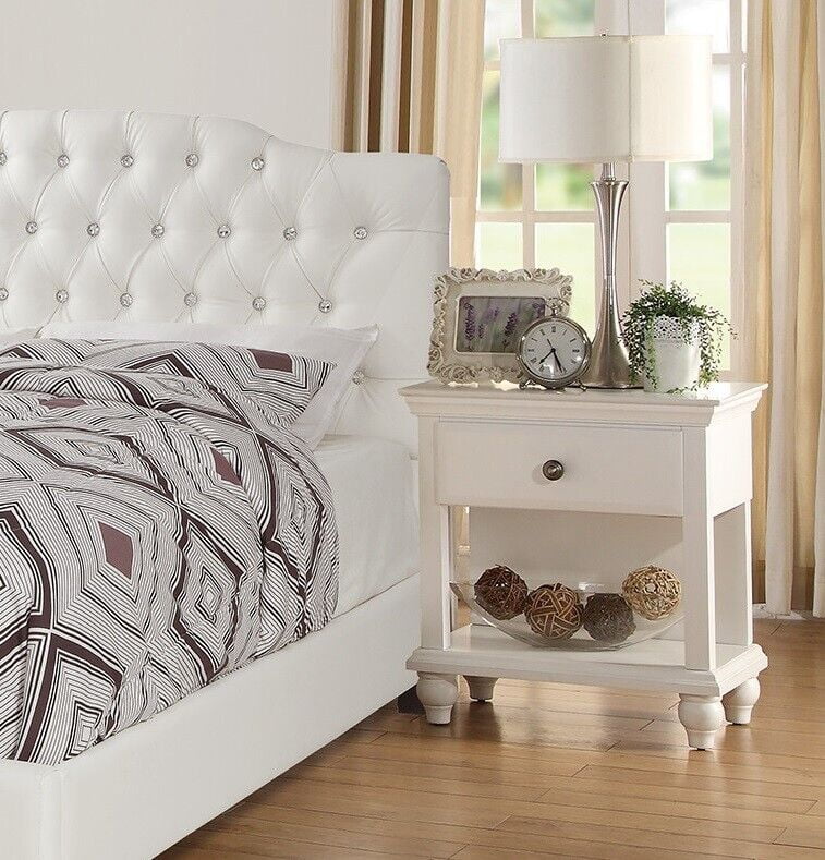 King Size Bed with 2 Nightstands White Faux Leather D2186