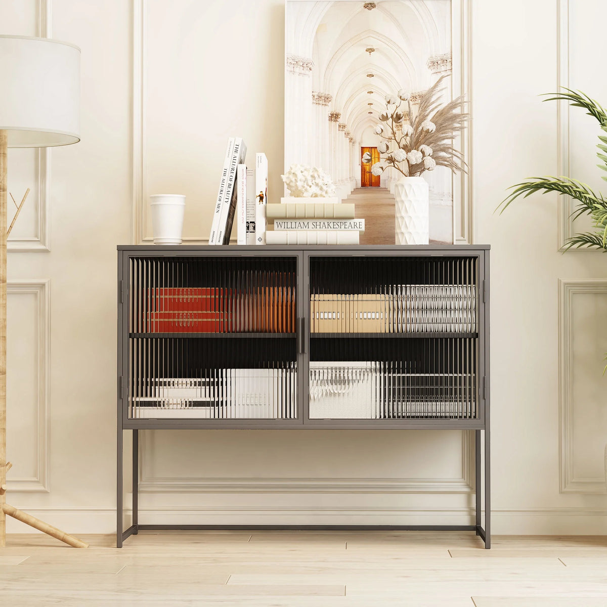 Gray Fluted Glass Sideboard Storage Cabinet Console Table O67401