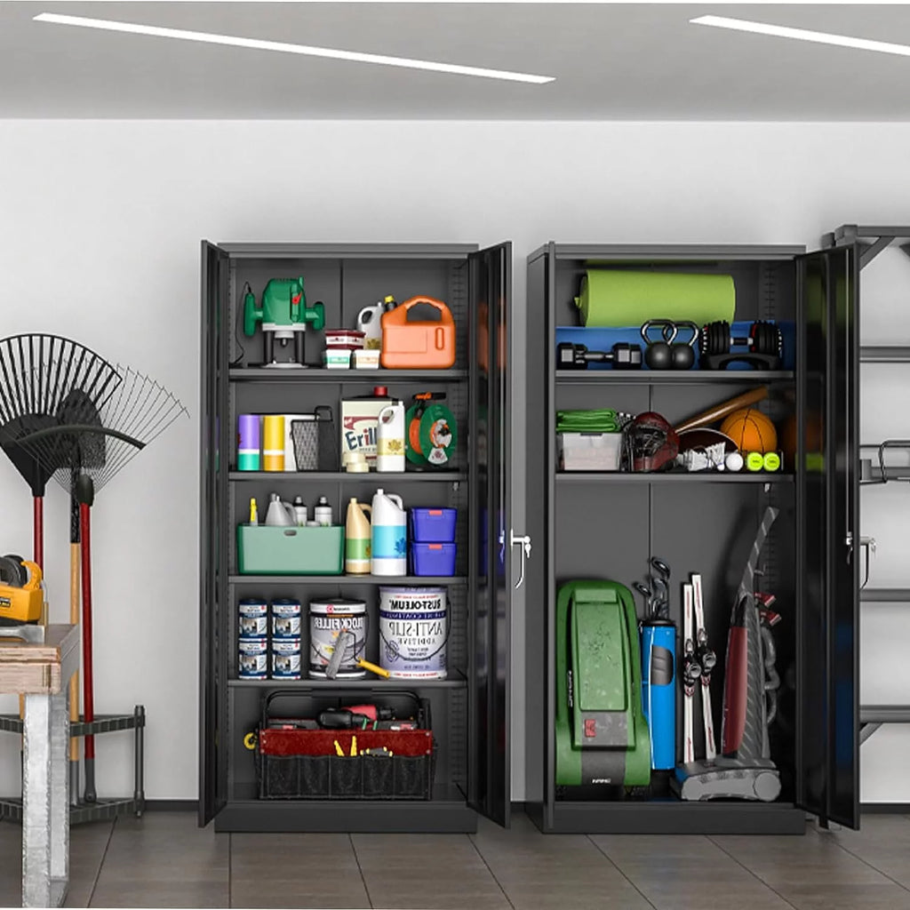 71 In Black Metal Storage Cabinet with Locking Doors and Adjustable Shelves X43508