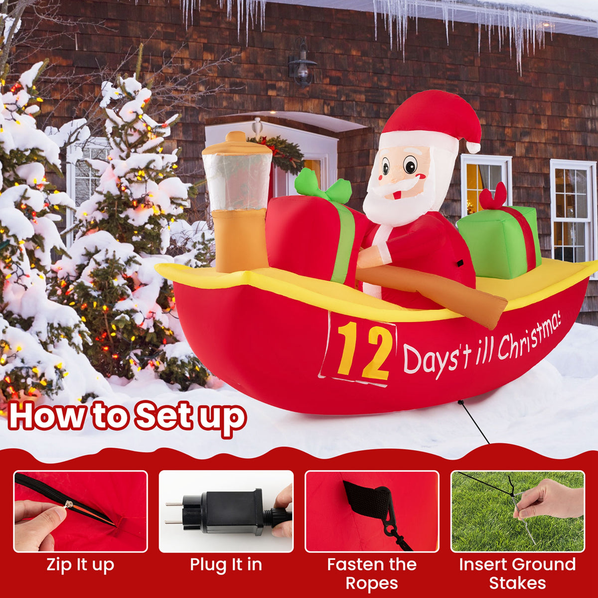 7 FT Christmas Inflatable Santa Claus Rowing Boat with Navigation Light S142208