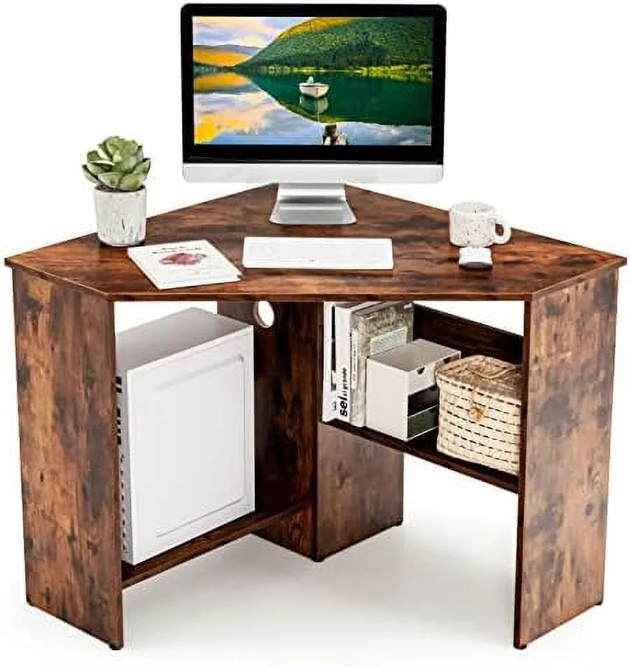 Corner Computer Desk Triangular Writing Desk with 2 Shelves W13936