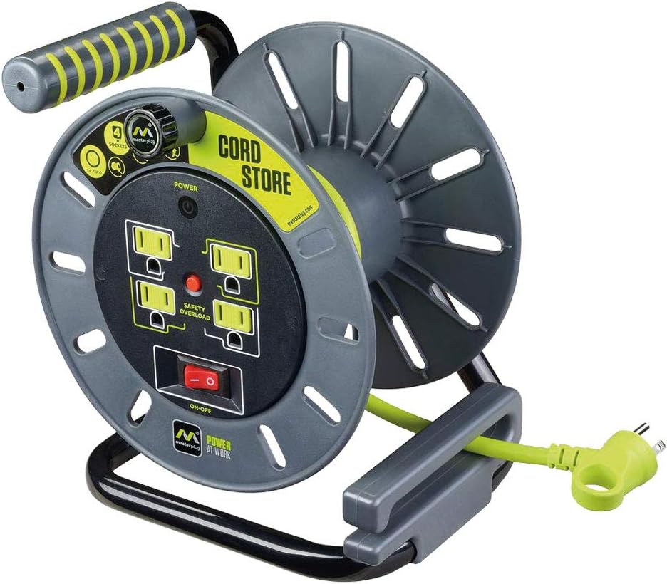 Heavy Duty Metal Cord Reel with 4 Outlets and 12 Gauge Cord (100ft) L46429