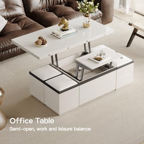 White Lifting Top Coffee Table with Four Stools J390489