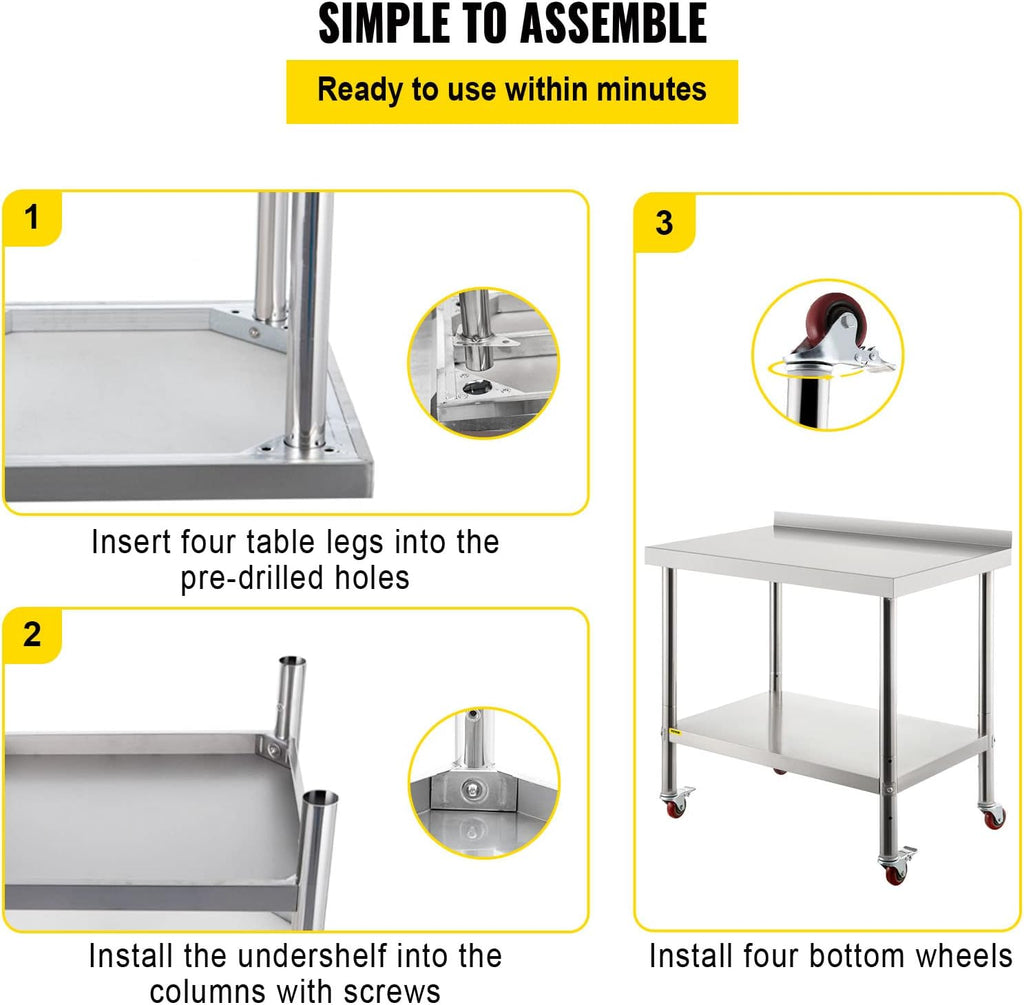 Stainless Steel Prep Table, 30 x 24 x 35 Inch, 440lbs Load Capacity, with Backsplash, Adjustable Undershelf & 4 Casters C81346