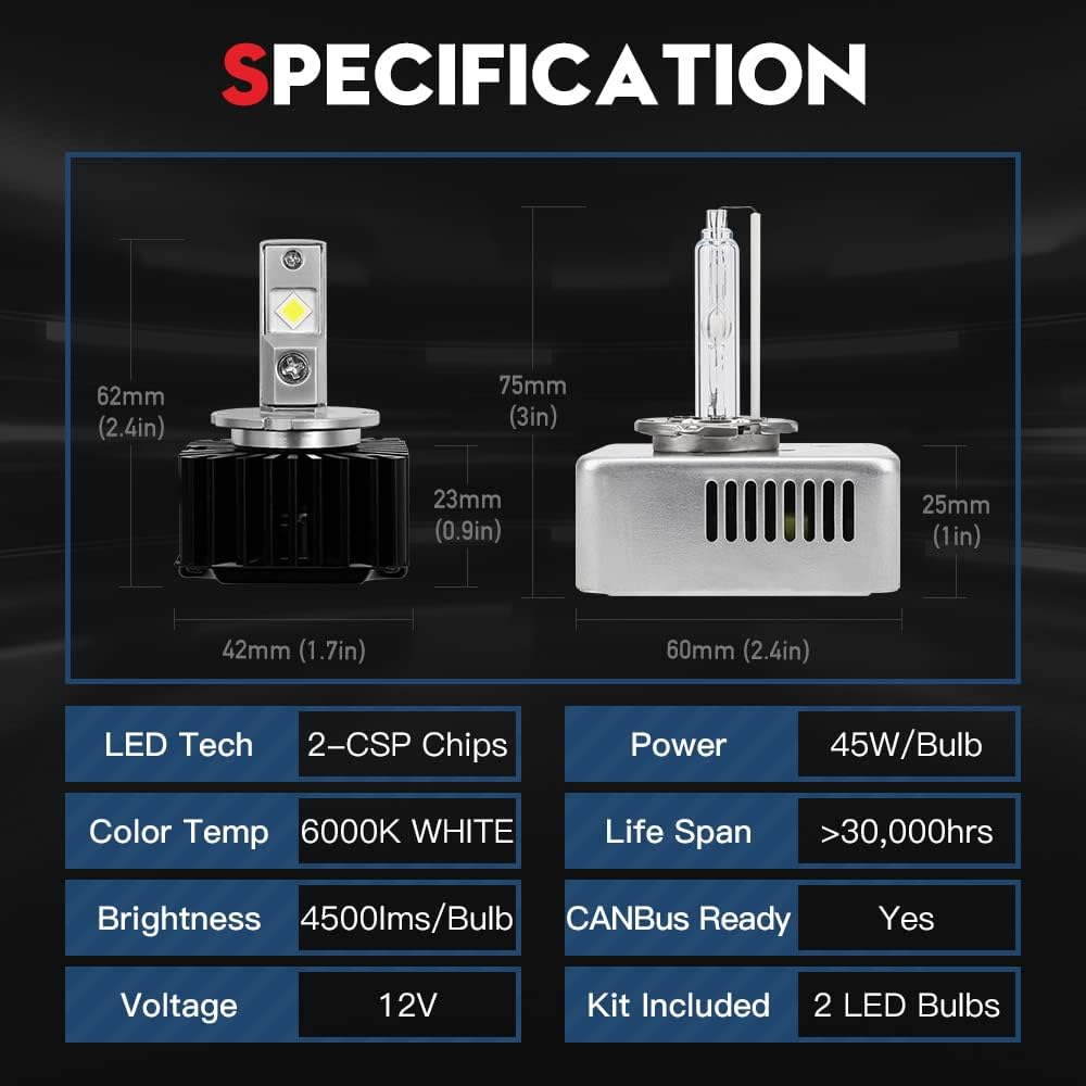 D5S LED Headlight Bulb Conversion Kit, 90W 9000Lms 6000K White, 24-CSP Chips, 2 Pack P534820