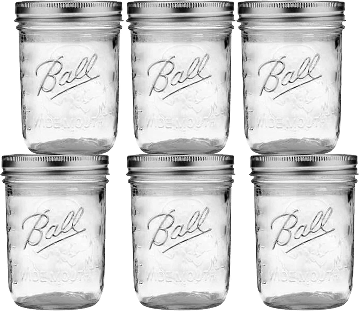 16 oz 6 Pack Wide Mouth Mason Jars with Airtight Lids and Bands E767