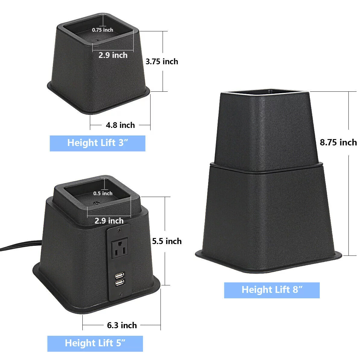Black Adjustable Bed Riser with Power Outlet and USB Ports Set of 4 T886934