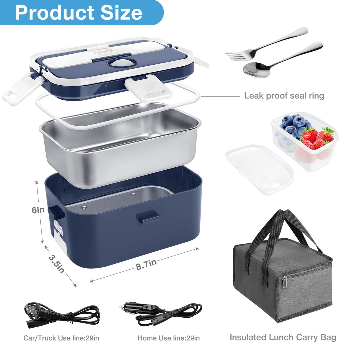 Electric Lunch Box Food Heater 60W 1.8L Stainless Steel Green Royal Blue K139966
