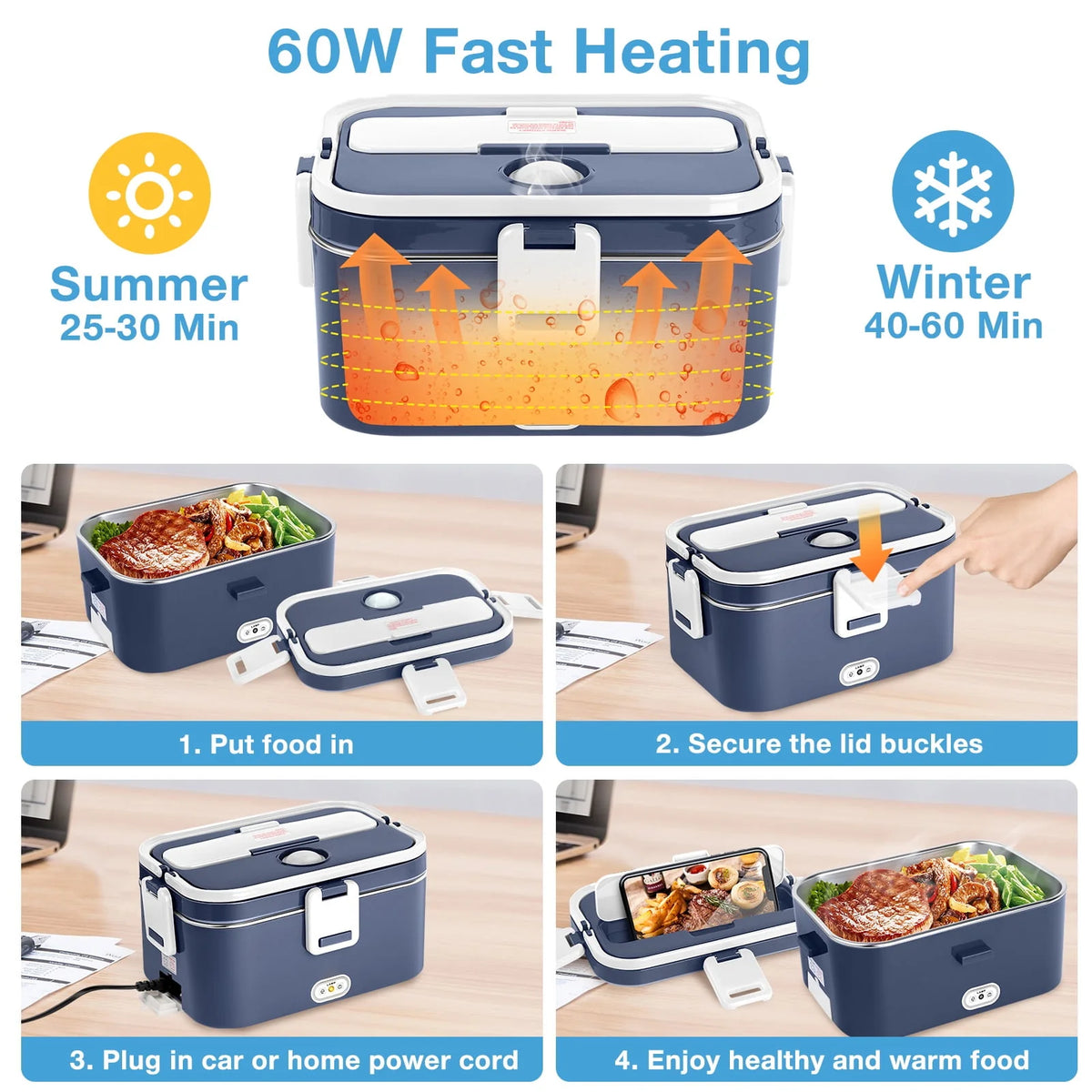Electric Lunch Box Food Heater 60W 1.8L Stainless Steel Green Royal Blue K139966