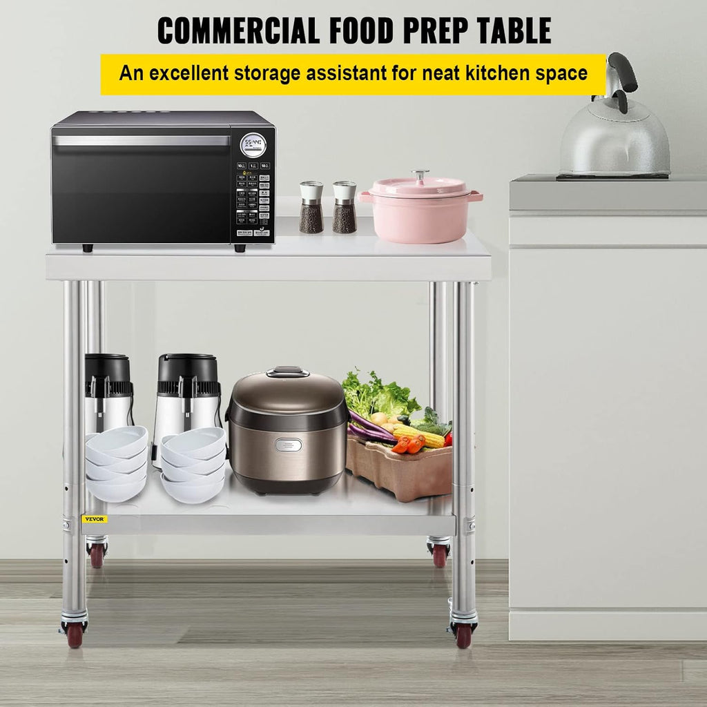 Stainless Steel Prep Table, 30 x 24 x 35 Inch, 440lbs Load Capacity, with Backsplash, Adjustable Undershelf & 4 Casters C81346