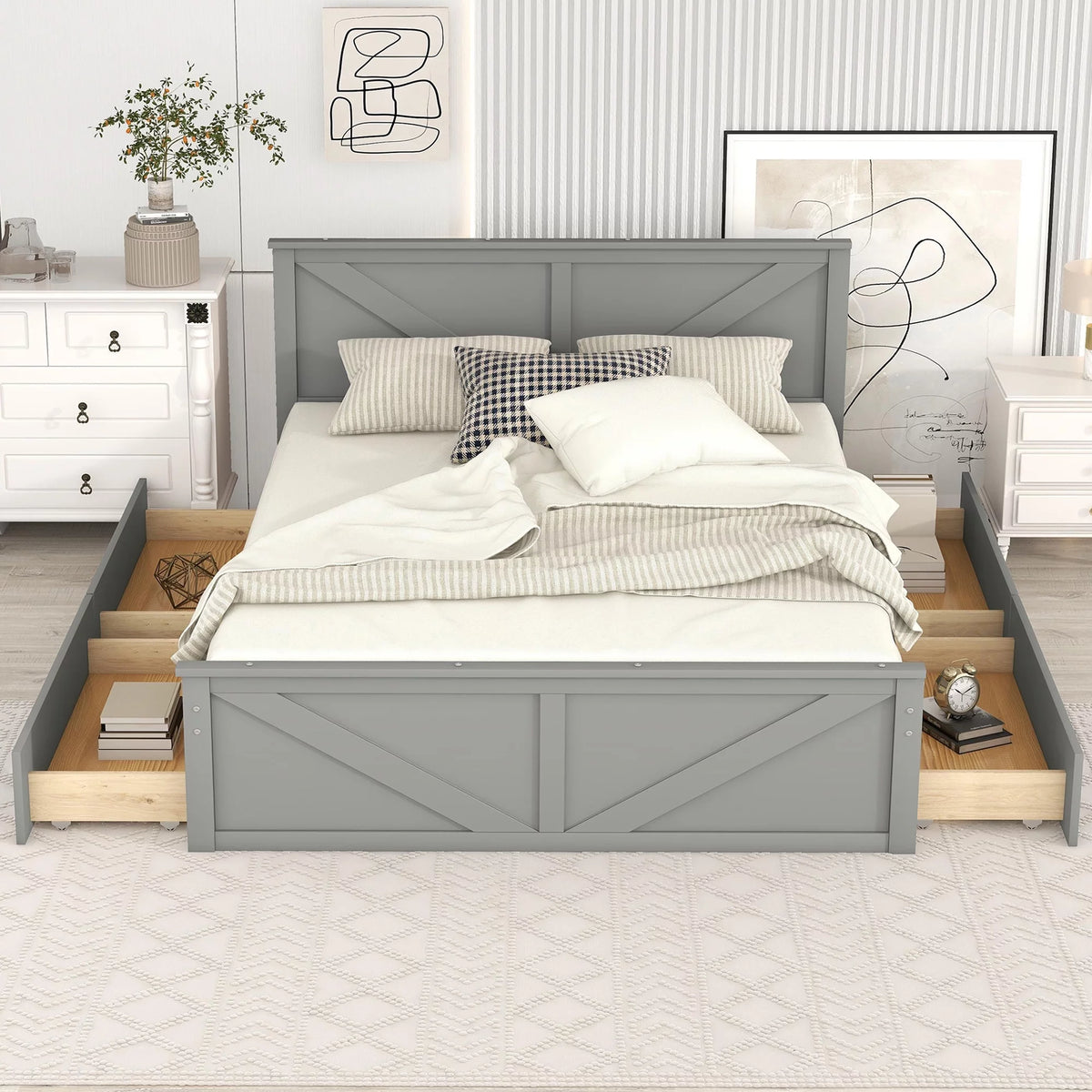 Wood Queen Bed Frame with 4 Storage Drawers C749