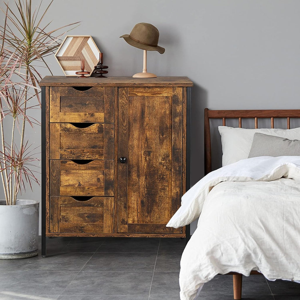 Rustic Brown 4 Drawer 1 Door Wooden Metal Frame Bathroom Floor Cabinet X6931