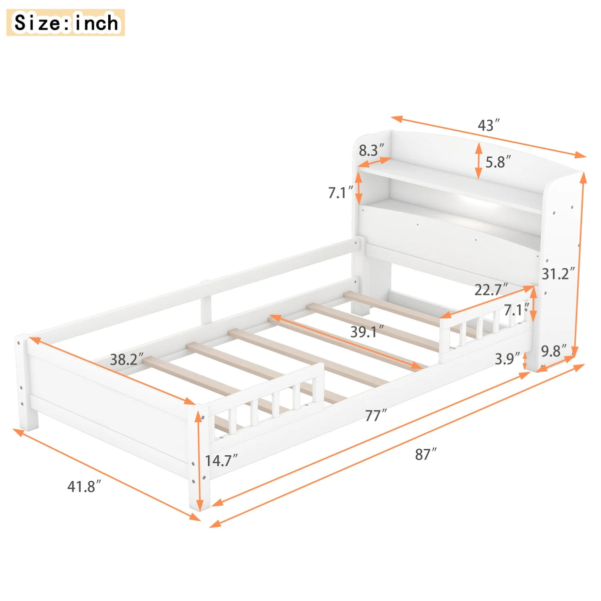 Twin Size Wood Platform Bed with Storage Headboard and Guardrail S570533