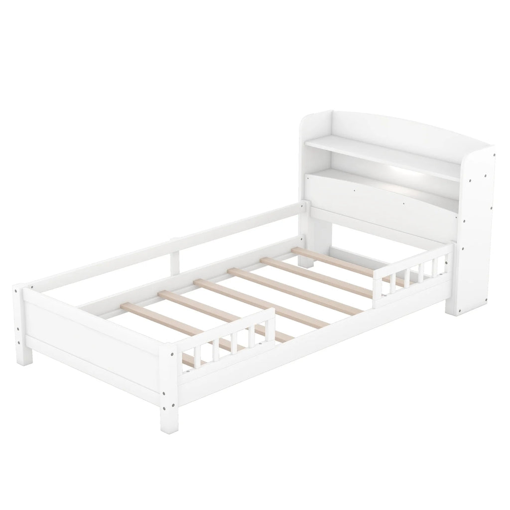 Twin Size Wood Platform Bed with Storage Headboard and Guardrail S570533