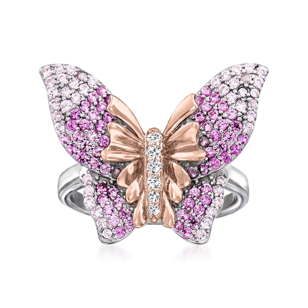Simulated Pink Sapphire Butterfly Ring With CZ Accents in 2-Tone Sterling Silver U780927