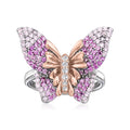 Simulated Pink Sapphire Butterfly Ring With CZ Accents in 2-Tone Sterling Silver U780927