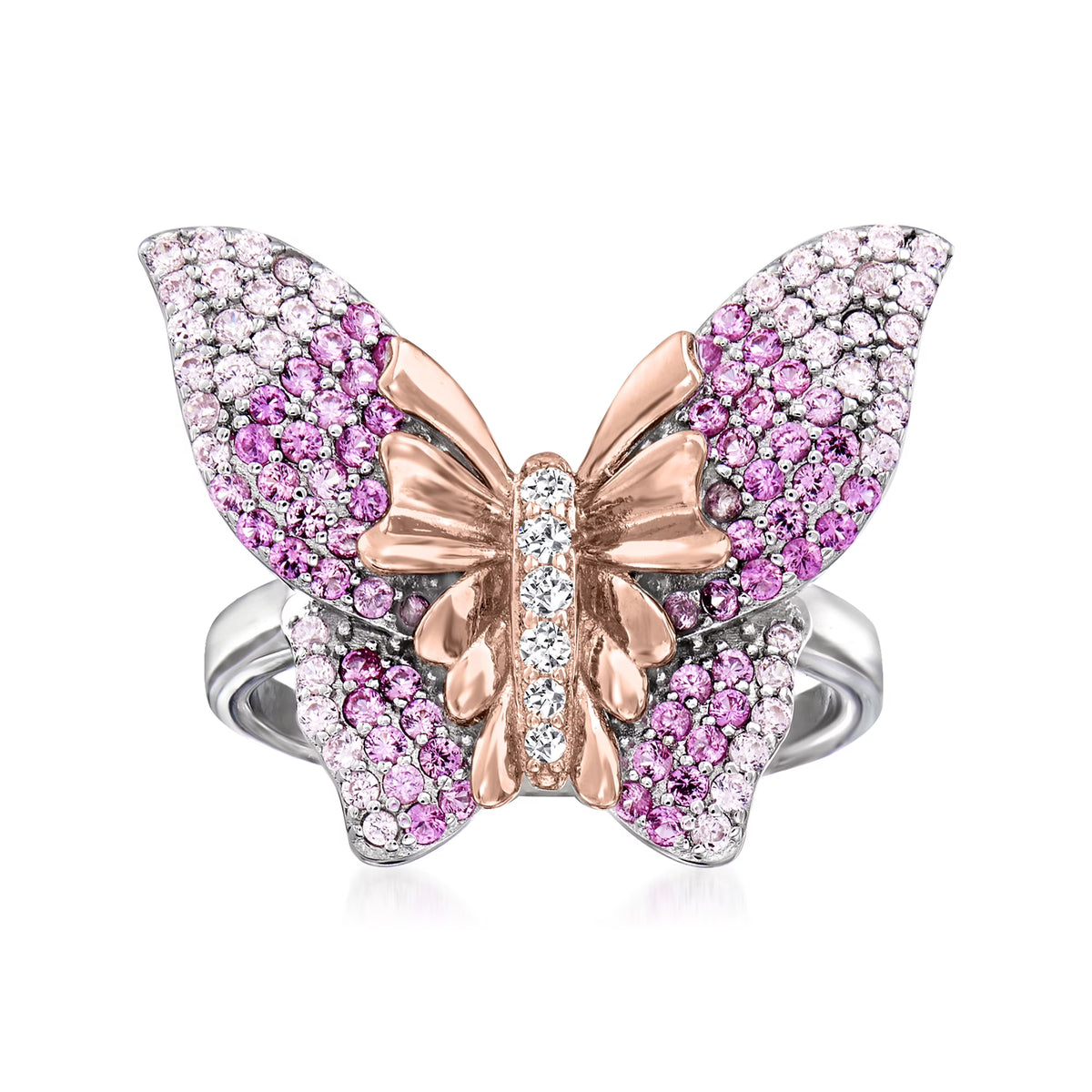 Simulated Pink Sapphire Butterfly Ring With CZ Accents in 2-Tone Sterling Silver U780927