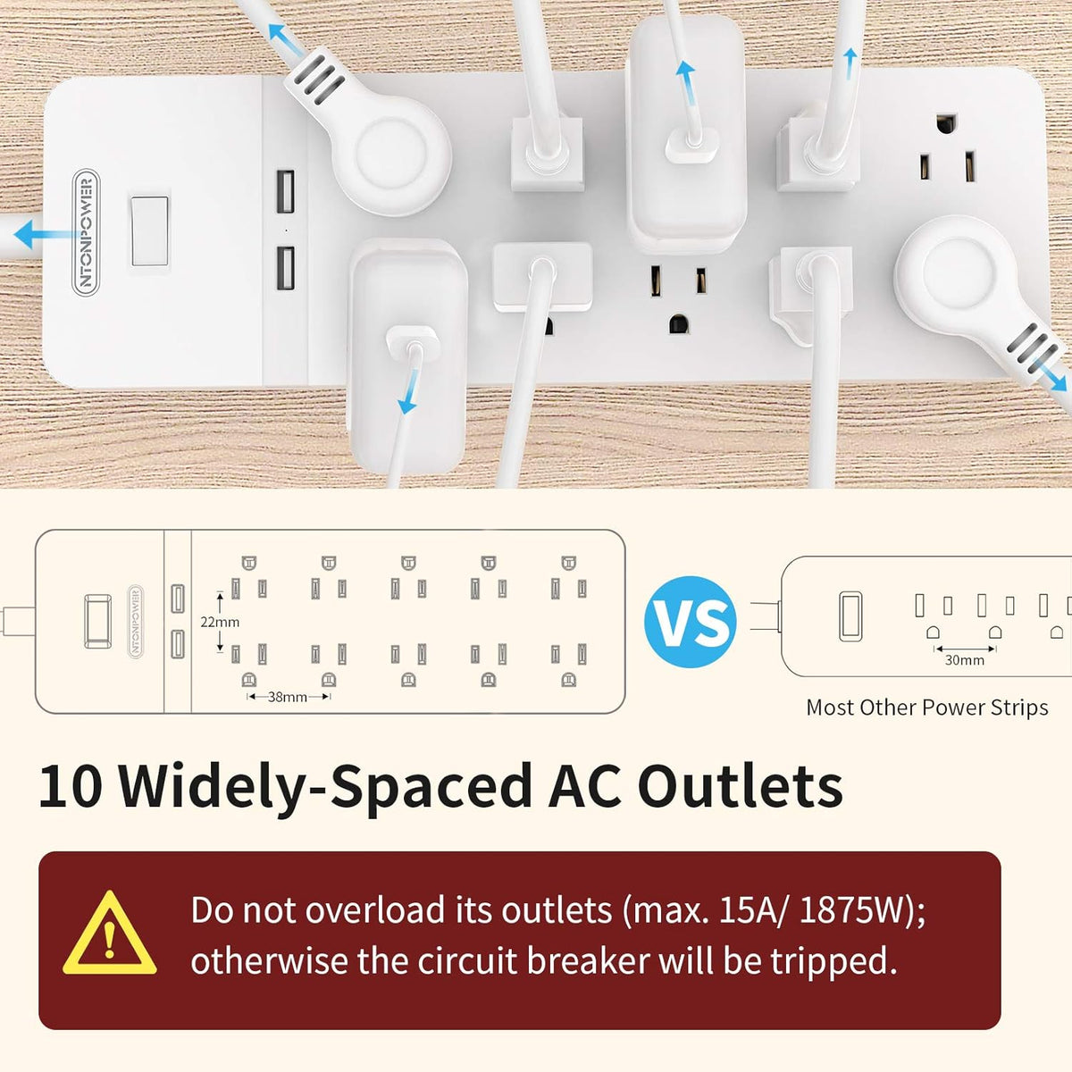 25 Ft Extension Cord Surge Protector with 10 Outlets 2 USB, Pack of 2 P823532