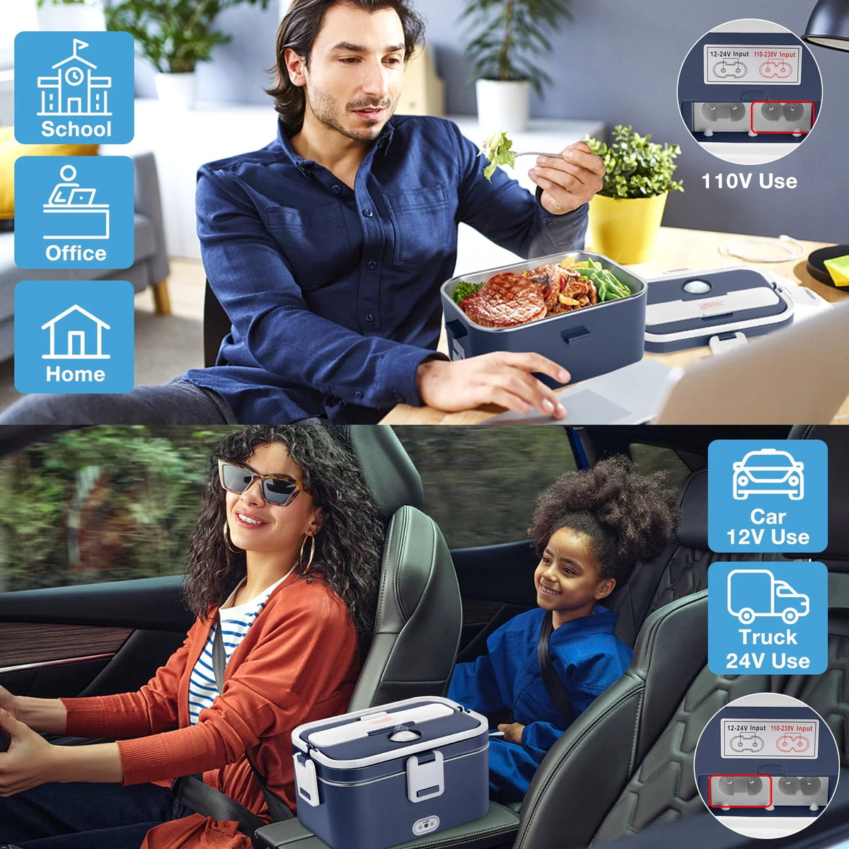 Electric Lunch Box Food Heater 60W 1.8L Stainless Steel Green Royal Blue K139966