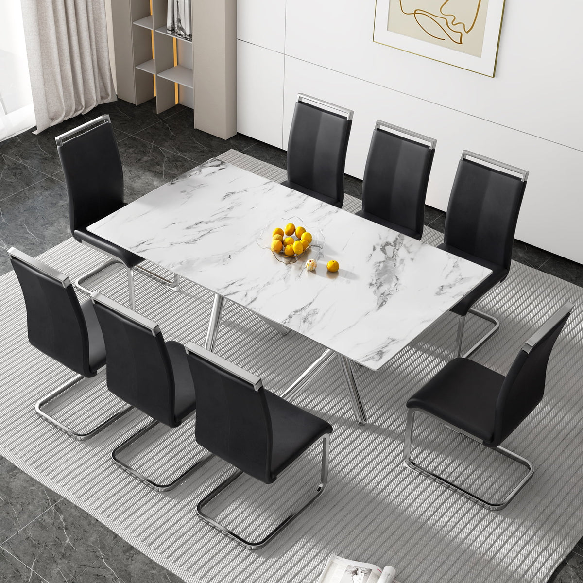 Rectangular Glass Dining Table for 6-8 People with Tempered Glass Top and Silver Metal Legs S1926