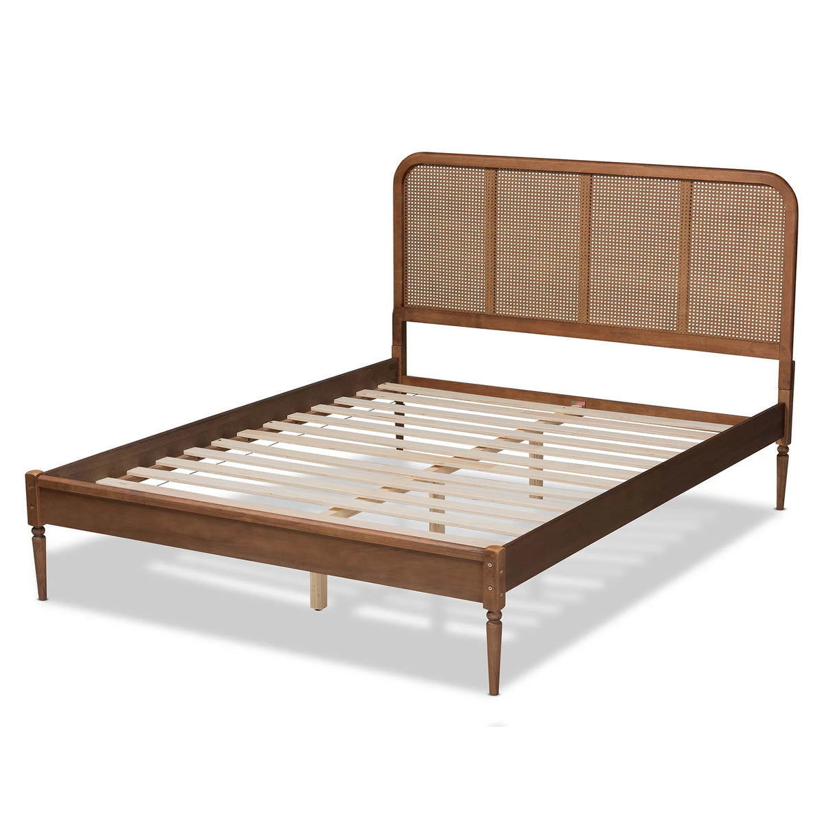 Walnut Brown Wood and Synthetic Rattan Queen Size Platform Bed B460444