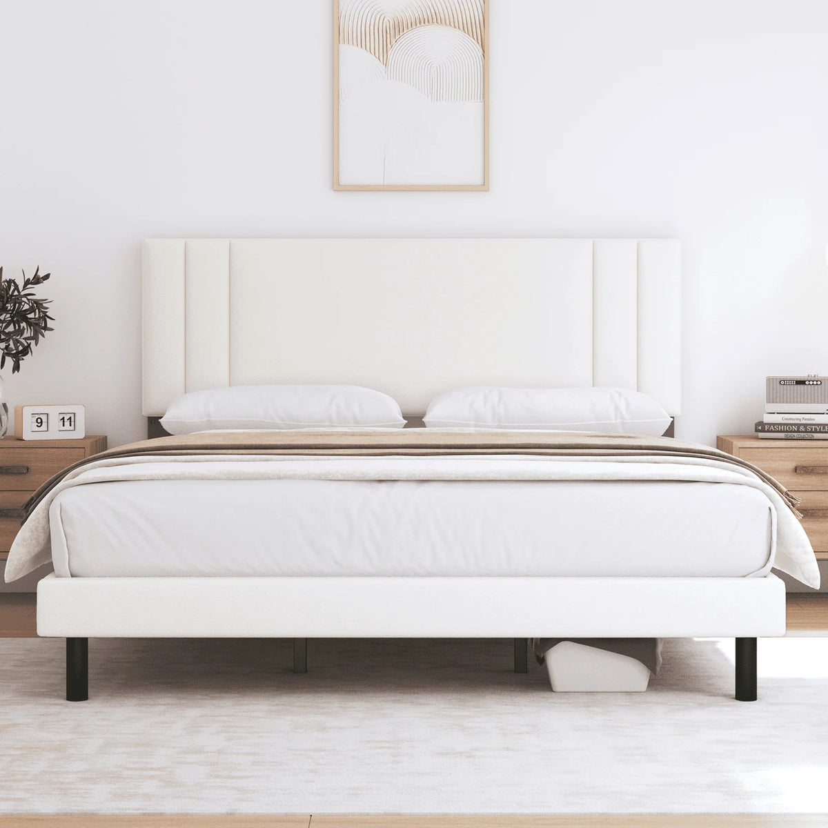 Full Size Platform Bed Frame with Fabric Upholstered Headboard V78753