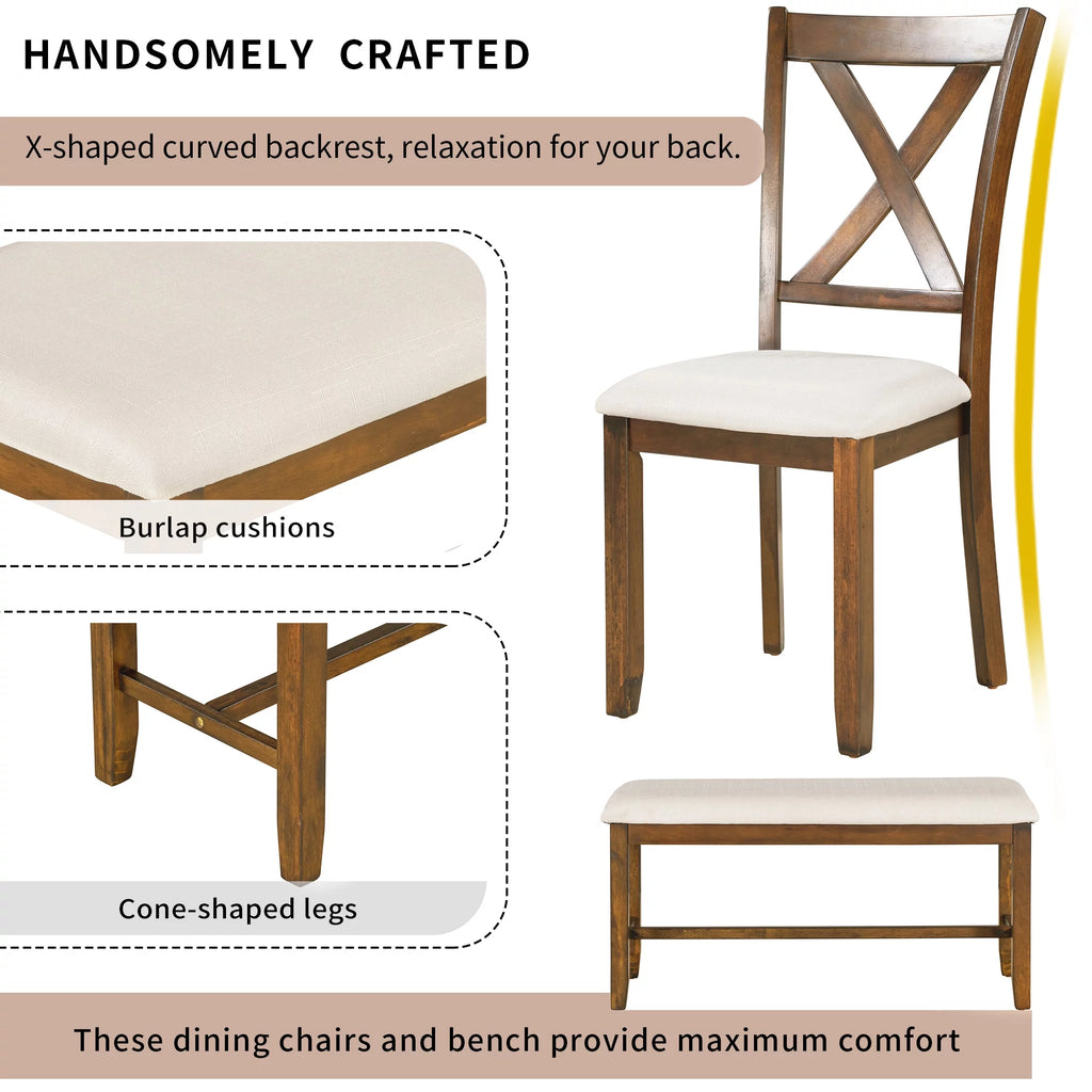 6-Piece Wooden Dining Table Set with 4 Chairs and Bench G9003