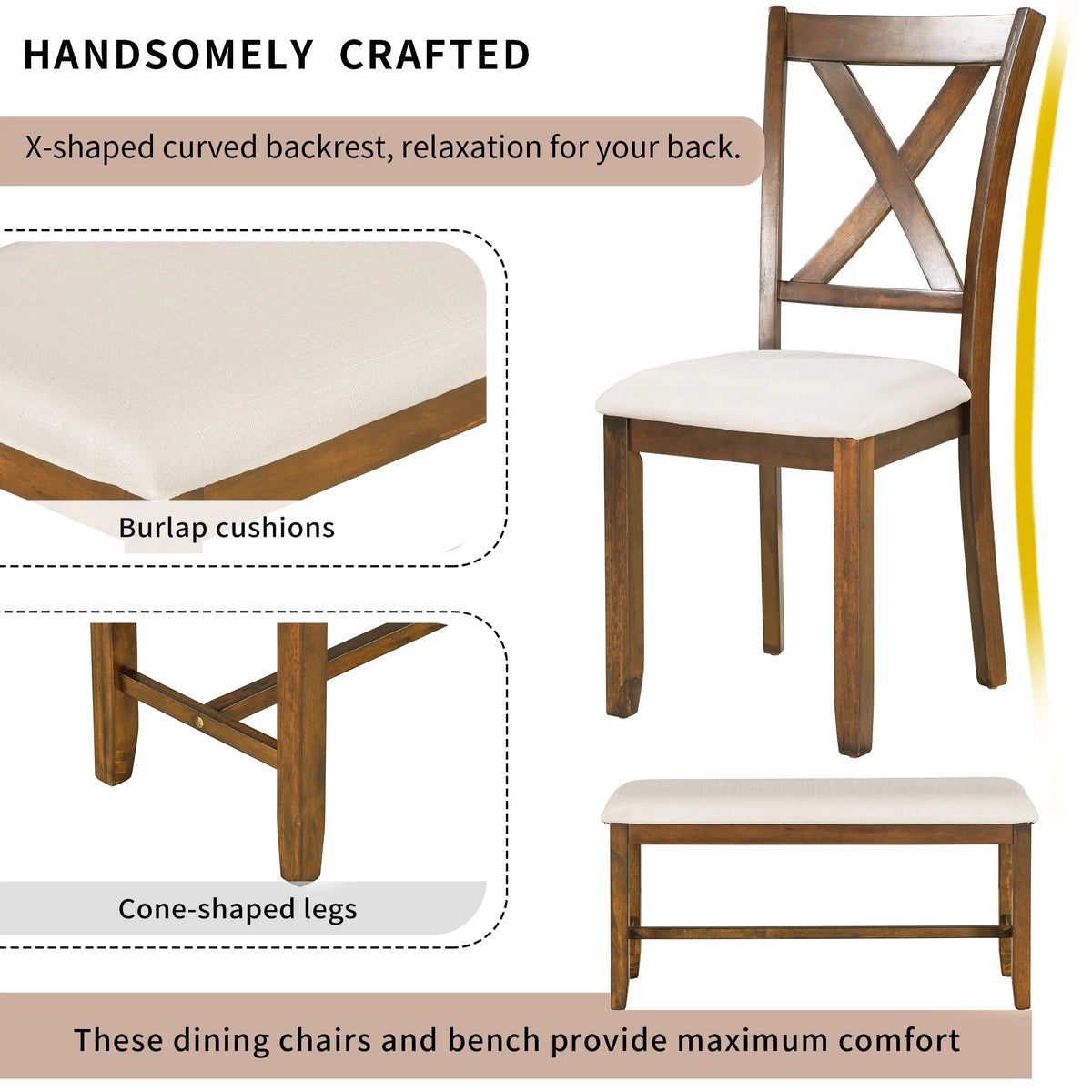 6-Piece Wooden Dining Table Set with 4 Chairs and Bench G9003