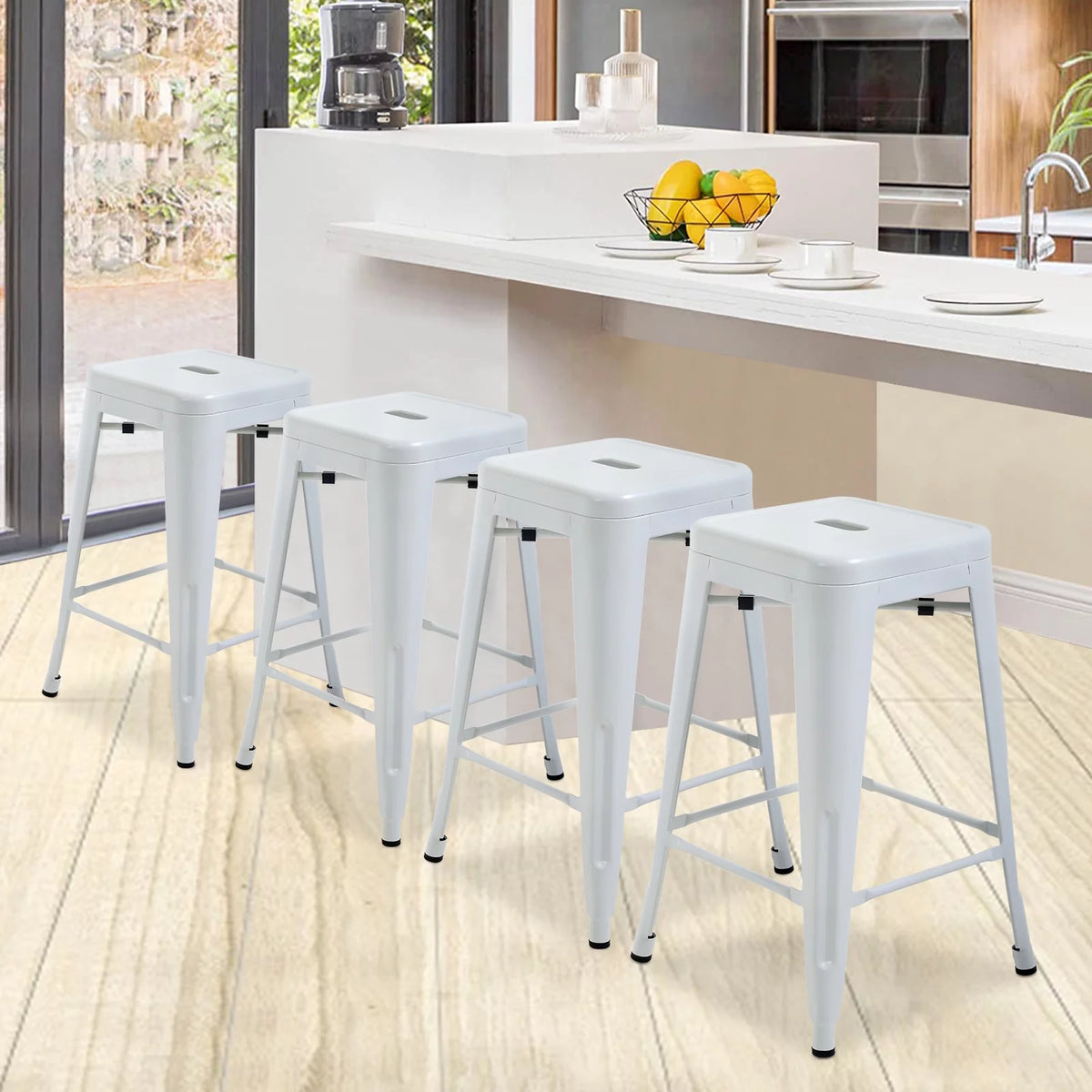 Metal Bar Stools Set of 4, 24 inch White Stackable Backless Counter Height L16383