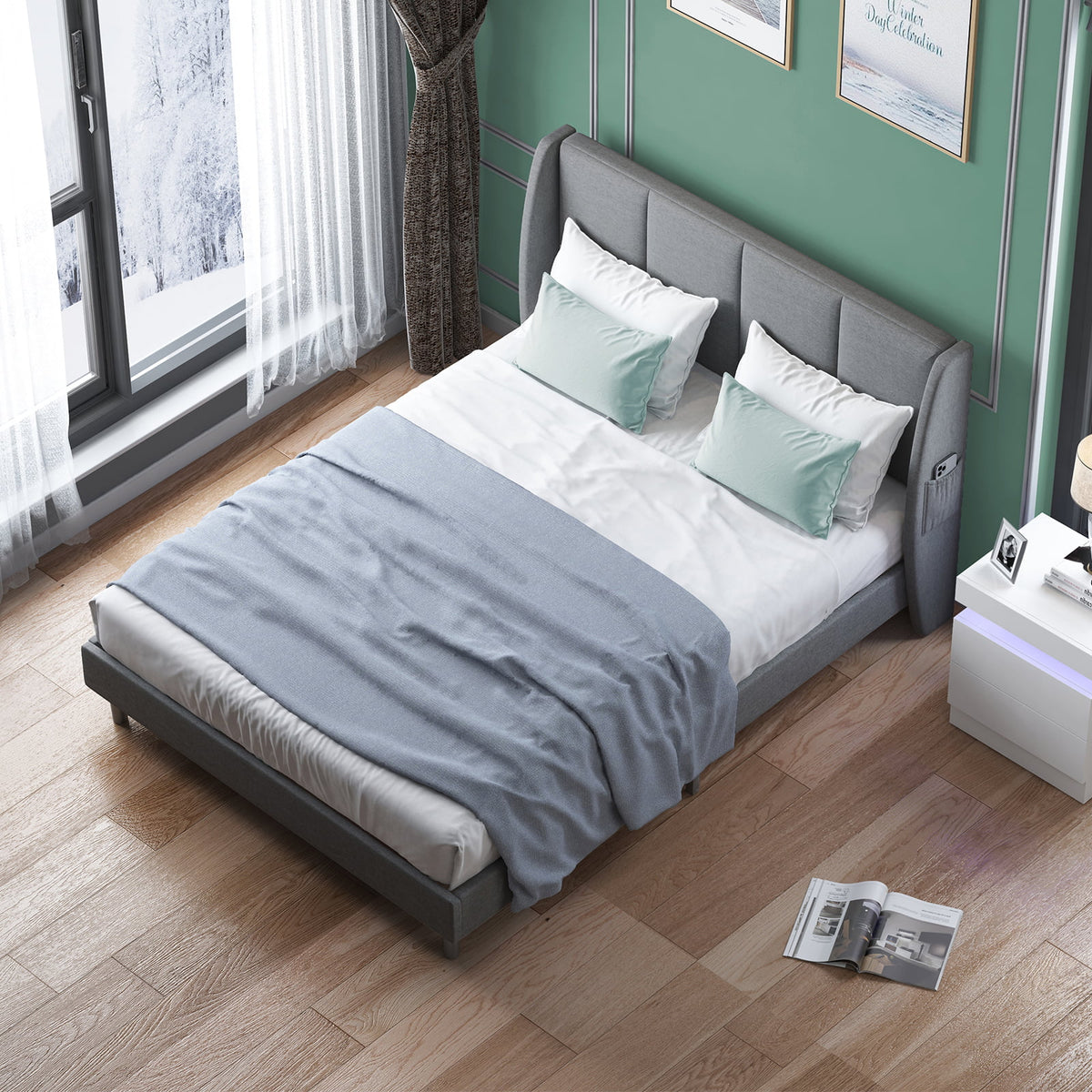 King Size Dark Gray Platform Bed Frame with Side Pockets O395899