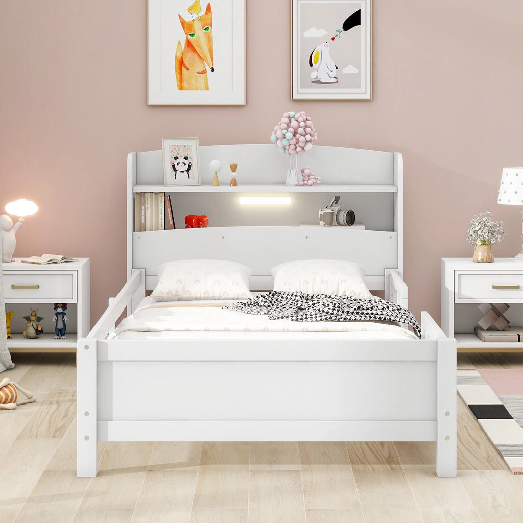 Twin Size Wood Platform Bed with Storage Headboard and Guardrail S570533