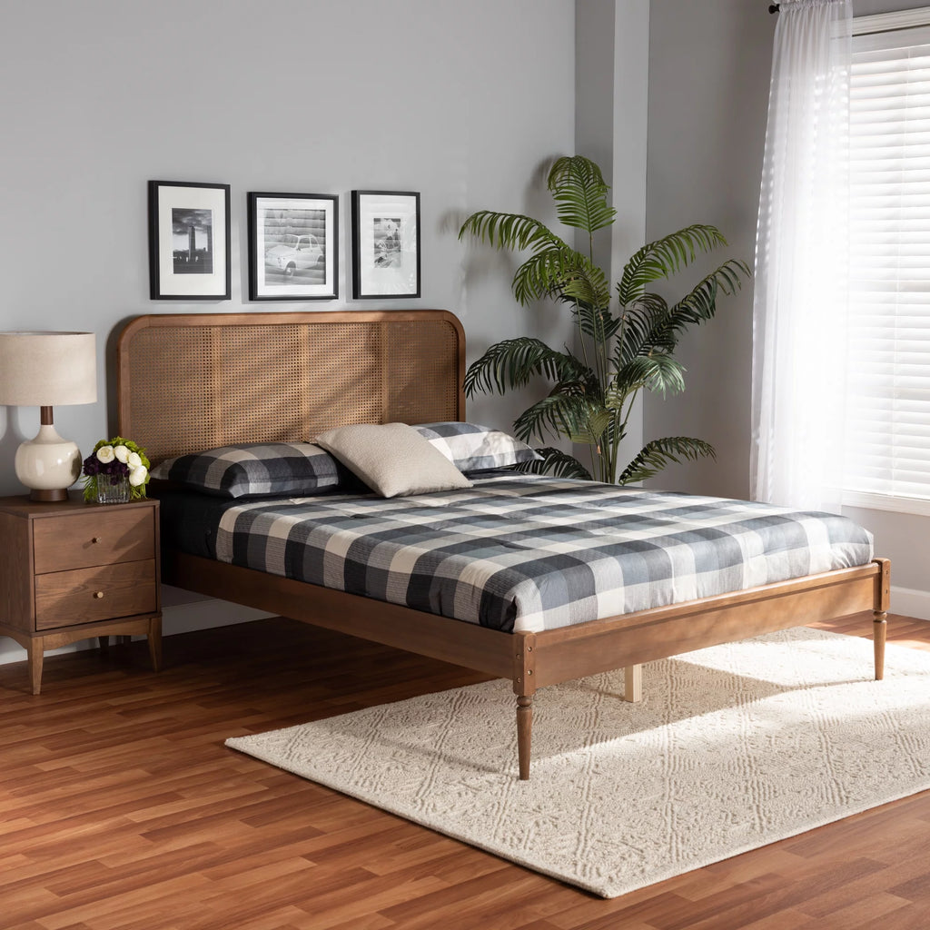 Walnut Brown Wood and Synthetic Rattan Queen Size Platform Bed B460444